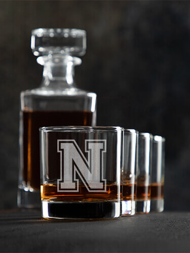 Varsity Letter Clear 1 Decanter 4 Rocks Glass Gift Set