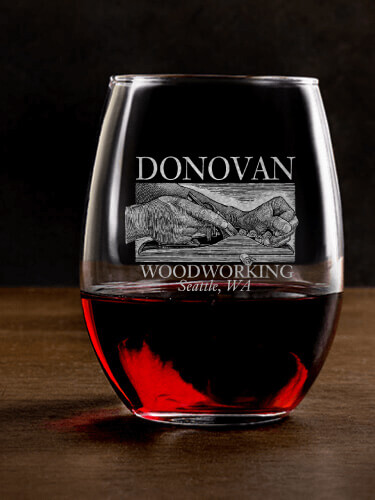 Woodworking Clear Stemless Wine Glass - Engraved (single)