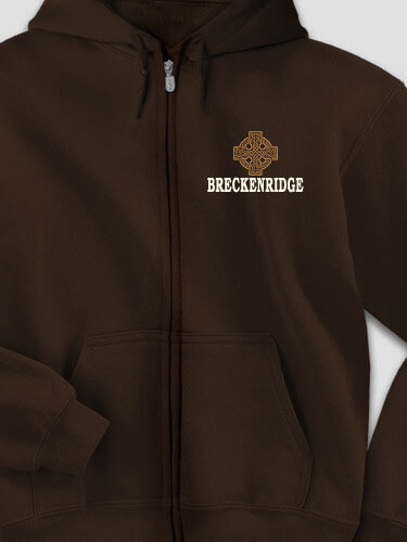 Celtic Stone Cross Dark Chocolate Embroidered Zippered Hooded Sweatshirt