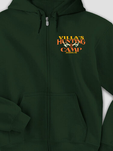 Deer Hunting Camp Forest Green Embroidered Zippered Hooded Sweatshirt