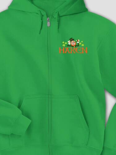 Leprechaun Irish Green Embroidered Zippered Hooded Sweatshirt