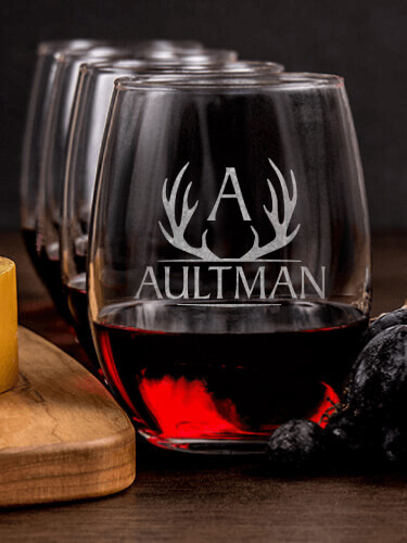 Antler Monogram NA 1 Cheese Board 4 Wine Glass Gift Set - Engraved