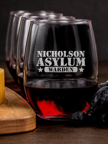 Asylum Warden NA 1 Cheese Board 4 Wine Glass Gift Set - Engraved