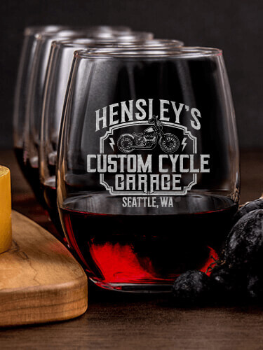 Custom Cycle Garage NA 1 Cheese Board 4 Wine Glass Gift Set - Engraved
