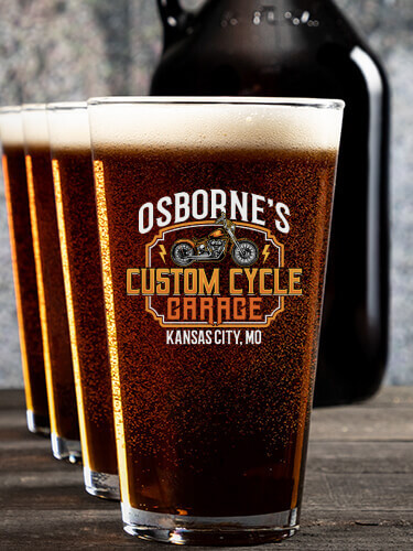 Custom Cycle Garage NA 1 Color Printed Growler 4 Color Pint Glass Gift Set