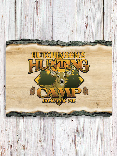 Deer Hunting Camp NA Faux Sliced Log Plaque