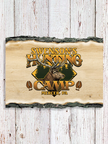 Elk Hunting Camp NA Faux Sliced Log Plaque