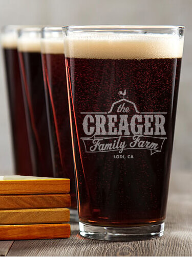 Family Farm NA 4 Pint Glass - Engraved 4 Coaster Gift Set