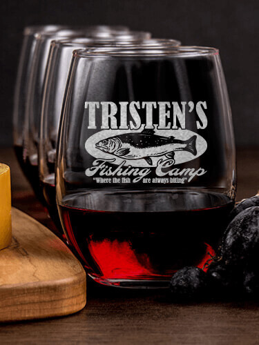 Fishing Camp NA 1 Cheese Board 4 Wine Glass Gift Set - Engraved