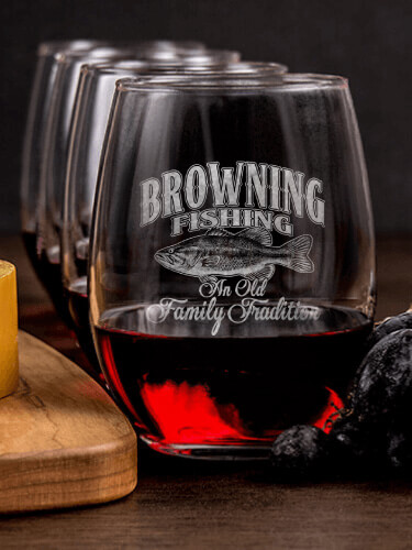 Fishing Family Tradition NA 1 Cheese Board 4 Wine Glass Gift Set - Engraved