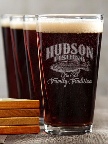 Fishing Family Tradition NA 4 Pint Glass - Engraved 4 Coaster Gift Set