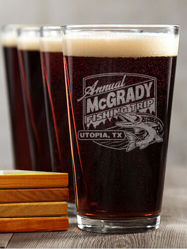 Fishing Trip NA 4 Pint Glass - Engraved 4 Coaster Gift Set