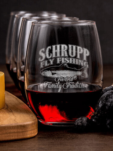 Fly Fishing Family Tradition NA 1 Cheese Board 4 Wine Glass Gift Set - Engraved
