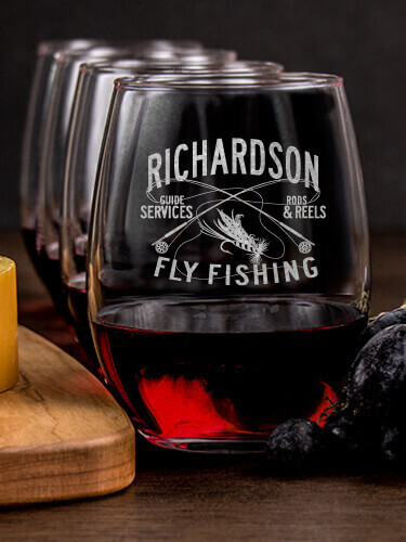 Fly Fishing Guide NA 1 Cheese Board 4 Wine Glass Gift Set - Engraved