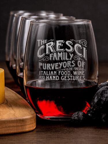 Italian Hand Gestures NA 1 Cheese Board 4 Wine Glass Gift Set - Engraved