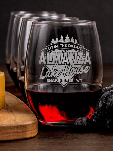 Livin' The Dream Lake House NA 1 Cheese Board 4 Wine Glass Gift Set - Engraved