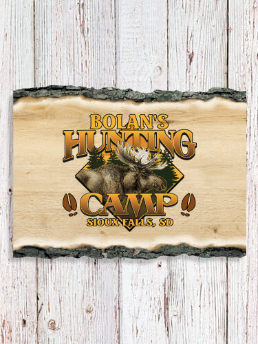 Moose Hunting Camp NA Faux Sliced Log Plaque