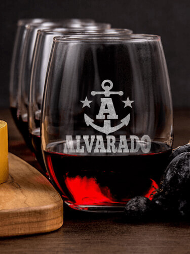 Nautical Monogram NA 1 Cheese Board 4 Wine Glass Gift Set - Engraved