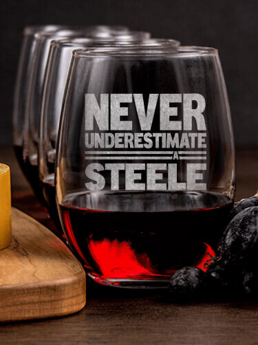 Never Underestimate NA 1 Cheese Board 4 Wine Glass Gift Set - Engraved