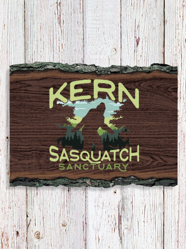 Sasquatch Sanctuary NA Faux Sliced Log Plaque