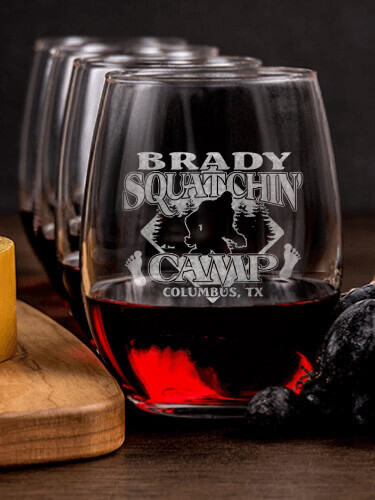 Squatchin' Camp NA 1 Cheese Board 4 Wine Glass Gift Set - Engraved