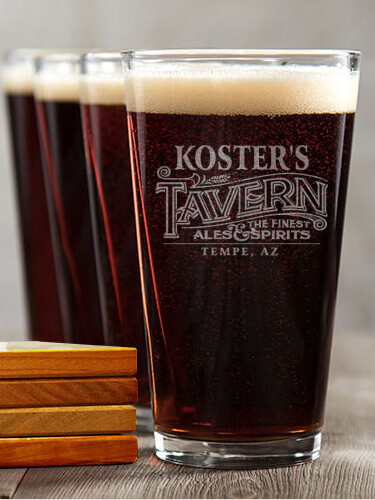 Tavern NA 4 Pint Glass - Engraved 4 Coaster Gift Set