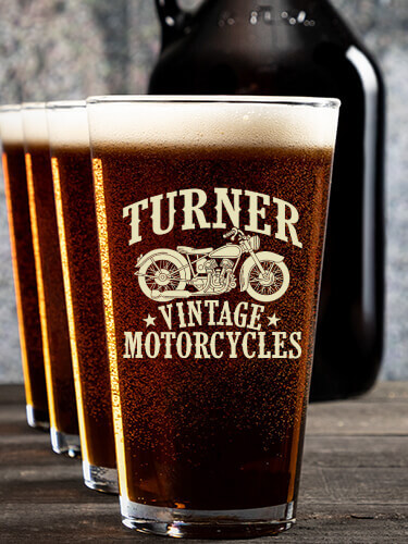 Vintage Motorcycles NA 1 Color Printed Growler 4 Color Pint Glass Gift Set