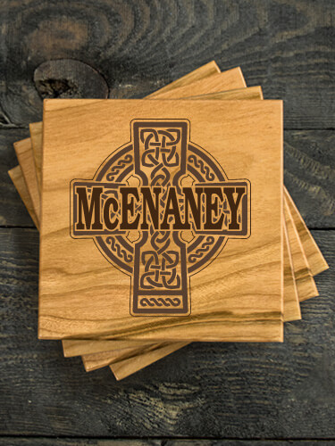 Celtic Stone Cross Natural Cherry Cherry Wood Coaster - Engraved (set of 4)