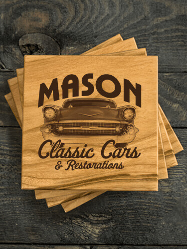 Classic Cars II Natural Cherry Cherry Wood Coaster - Engraved (set of 4)