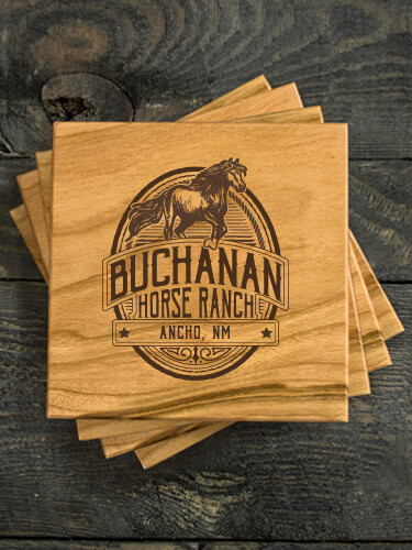 Classic Horse Ranch Natural Cherry Cherry Wood Coaster - Engraved (set of 4)