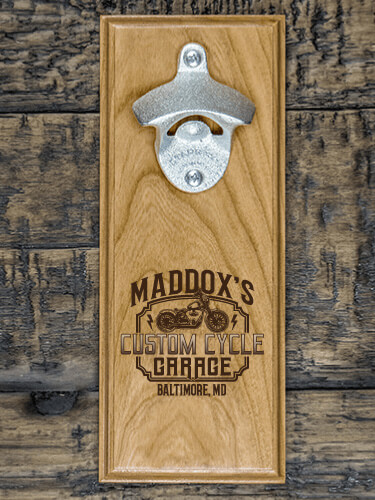 Custom Cycle Garage Natural Cherry Cherry Wall Mount Bottle Opener - Engraved