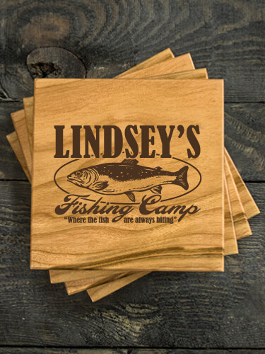 Fishing Camp Natural Cherry Cherry Wood Coaster - Engraved (set of 4)