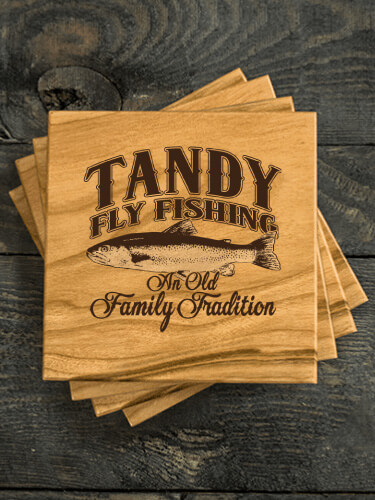 Fly Fishing Family Tradition Natural Cherry Cherry Wood Coaster - Engraved (set of 4)