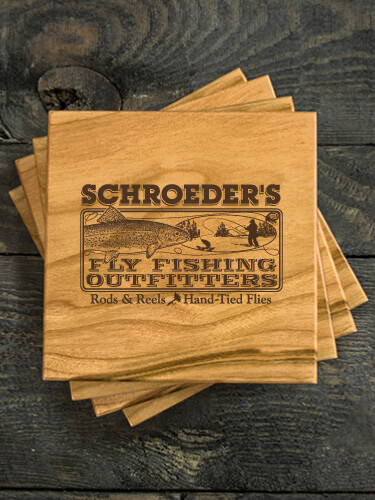 Fly Fishing Natural Cherry Cherry Wood Coaster - Engraved (set of 4)