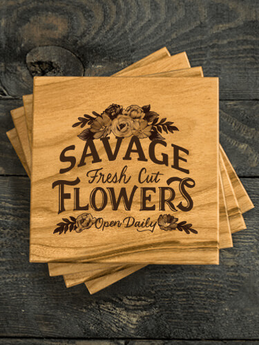 Fresh Cut Flowers Natural Cherry Cherry Wood Coaster - Engraved (set of 4)