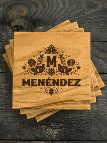 Hispanic Monogram Natural Cherry Cherry Wood Coaster - Engraved (set of 4)