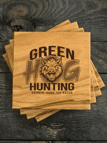 Hog Hunting Natural Cherry Cherry Wood Coaster - Engraved (set of 4)