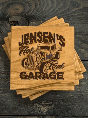 Hot Rod Garage Natural Cherry Cherry Wood Coaster - Engraved (set of 4)