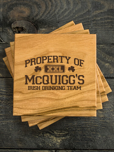 Irish Drinking Team Natural Cherry Cherry Wood Coaster - Engraved (set of 4)