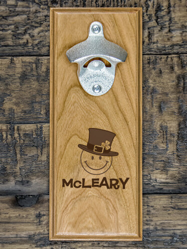 Irish Smiley Natural Cherry Cherry Wall Mount Bottle Opener - Engraved