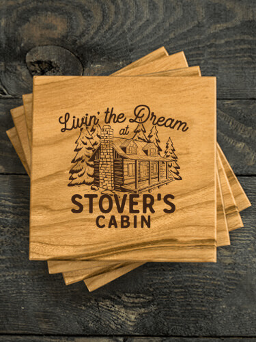 Livin' The Dream Cabin Natural Cherry Cherry Wood Coaster - Engraved (set of 4)