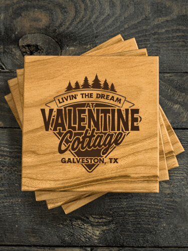 Livin' The Dream Cottage Natural Cherry Cherry Wood Coaster - Engraved (set of 4)