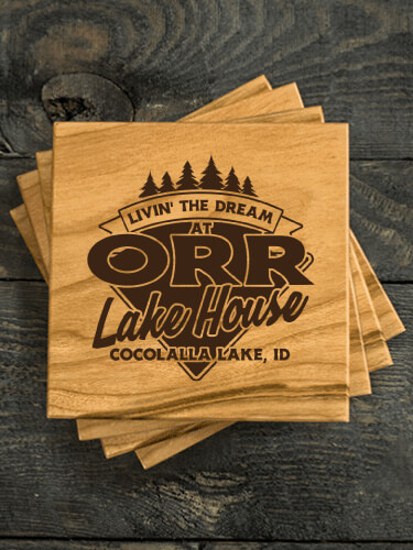 Livin' The Dream Lake House Natural Cherry Cherry Wood Coaster - Engraved (set of 4)