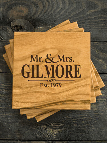 Mr and Mrs Natural Cherry Cherry Wood Coaster - Engraved (set of 4)