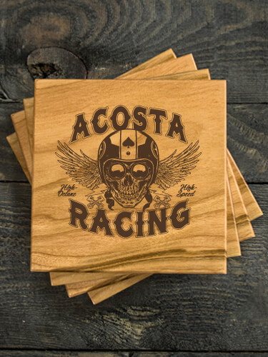 Racing Skull Natural Cherry Cherry Wood Coaster - Engraved (set of 4)