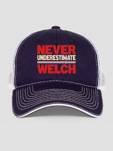 Never Underestimate Navy/White Embroidered Trucker Hat