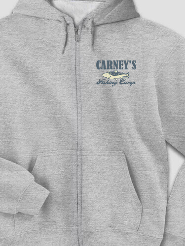Fishing Camp Sports Grey Embroidered Zippered Hooded Sweatshirt