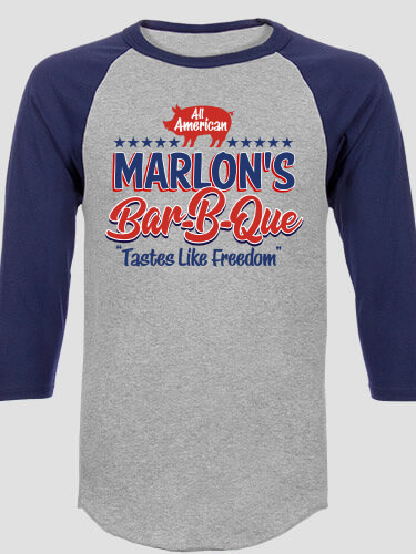 All American BBQ Sports Grey/Navy Adult Raglan 3/4 Sleeve T-Shirt