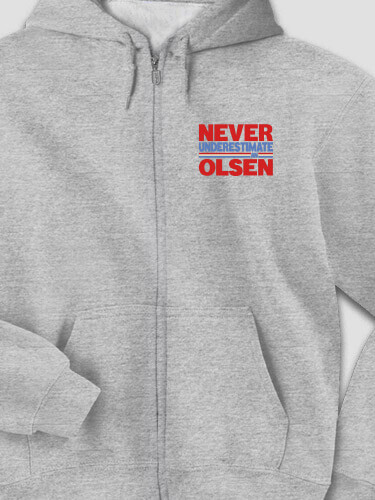 Never Underestimate Sports Grey Embroidered Zippered Hooded Sweatshirt