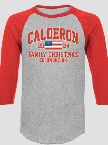American Christmas Varsity Sports Grey/Red Adult Raglan 3/4 Sleeve T-Shirt